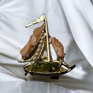 Gold Sailboat Brooch with Gem Accents